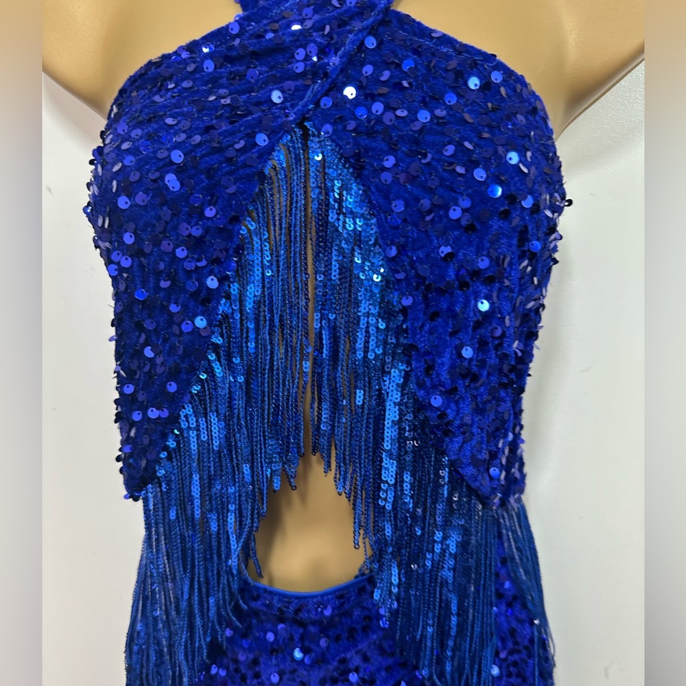 Lulus Royal Blue Elevated Dazzle Velvet Sequin Fringe Halter Mini Dress NWT L - Picture 9 of 16